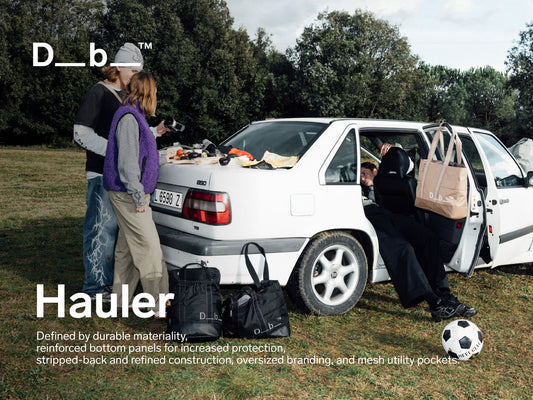 Db Hauler コレクションのメインビジュアル。「遊びも仕事も勉強も、詰め込んで」をコンセプトにした、大量の荷物を効率よく運べる大容量でタフなバッグコレクション。