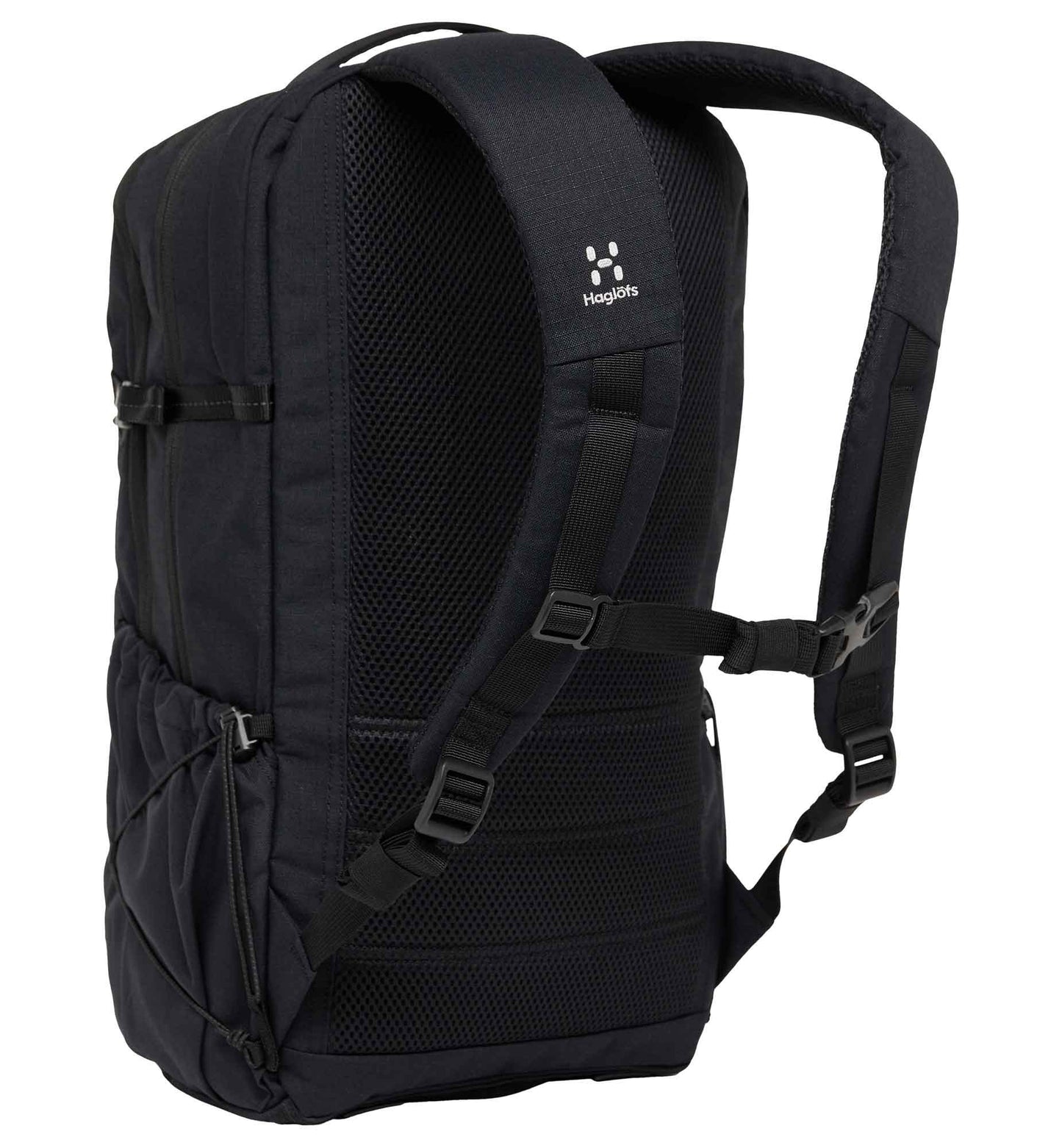 ホグロフスのバックパック「ヤーベ マルチ 28」の背面画像。長時間の登山や旅行でも疲れにくい快適なパッド入りショルダーストラップと、背中への負担を軽減する構造が確認できます。
